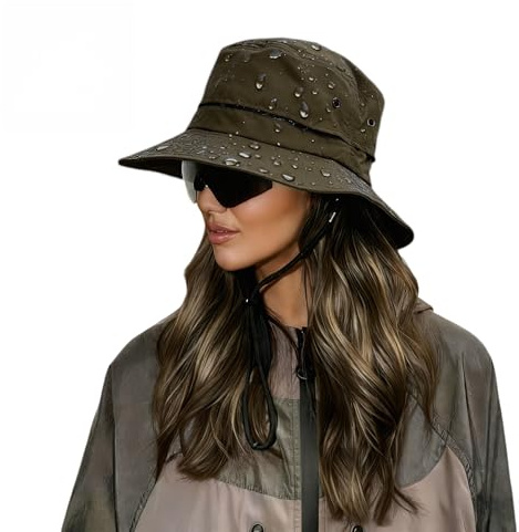 haetair Waterproof Bucket Hat for Women - UV Protection Fishing Foldable Rain Hats Ladies Adjustable Hat Sun Summer Outdoor Hiking Cap (UK, Alpha, One Size, Army Green-1)
