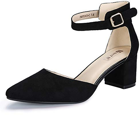 IDIFU Women's IN2 Pedazo Dress Shoes Low Block Heels Comfortable Chunky Closed Toe Ankle Strap Wedding Pumps(Black Suede, 9.5 B(M) US)