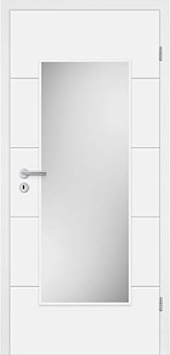 HORI® Zimmertür Komplettset mit Zarge und Türdrücker I Innentür weiß lackiert mit 4 Querstreifen und Verglasung I DIN rechts I 1985 x 860 x 120 mm