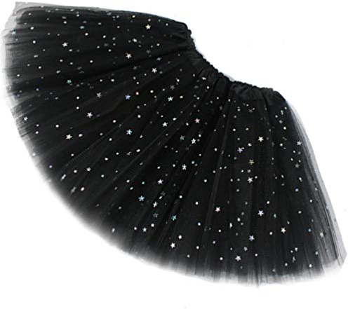 Womens Adult Sparkle Elastic 3 Layered Tulle Tutu Skirt (Black, One Size)