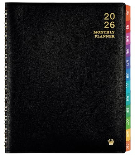 2026 Monthly Planner/Calendar - Jan 2026 - Dec 2026, Monthly Planner 2026, 12 Months, Faux Leather, 8.86 x 11.4, 15 Notes Pages, Strong Twin - Wire Binding, Tabs, Perfect Organizer - Black