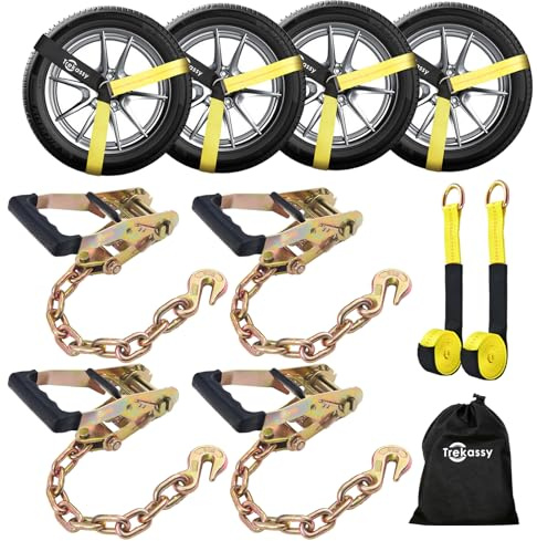 Trekassy Car Tie Down Straps for Trailers with Heavy Duty Chain Anchors, 6 Pack 2 x 96 Lasso Style Tire Straps (2 for Replacement), 10,000lbs Break Strength, Hauling Cars, UTV, Truck