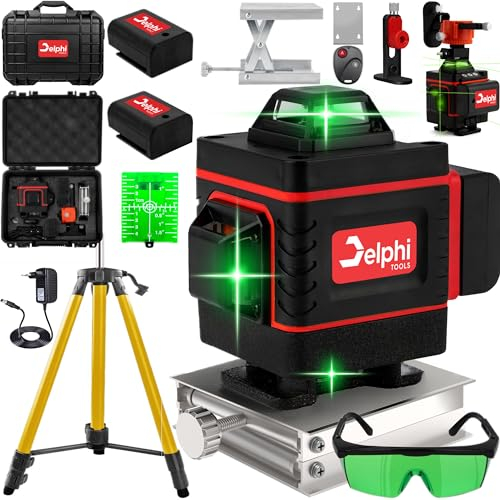 Delphi Kreuzlinienlaser 4D Grün, 360° Laser mit 16 Linien, selbstnivellierend, Laser-Wasserwaage inkl. Akku und Fernbedienung, IP54 staub- und spritzwassergeschützt
