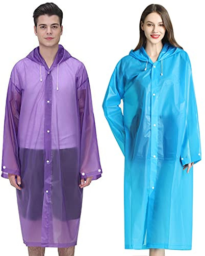 Rain Ponchos for Adults, Reusable Raincoats for Women and Men, Emergency Rain Jacket with Hood for Disney, Camping, Outdoor Hiking (1 Purple + 1 Blue)