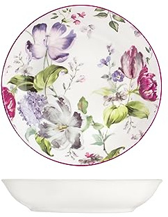 H&H Madam Set 12 Piatti Fondi, Porcellana, Decoro Floreale, Bianco, 21cm