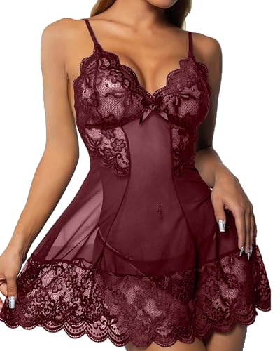 Yutdeng Babydoll Lingerie Negligee Donna Intimo Stampa Pizzo con Scollo a V Sleepwear Babydoll e G-String Set Lace Lingerie Trasparente Biancheria Intima Perizoma Camicia da Notte,Rosso Vino,M