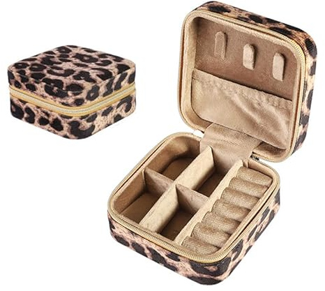 BSLVWG Joyero pequeño organizador de viaje para collares, pendientes, pulseras, anillos, estuche de almacenamiento de terciopelo leopardo, regalo para niñas y mujeres (leopardo)