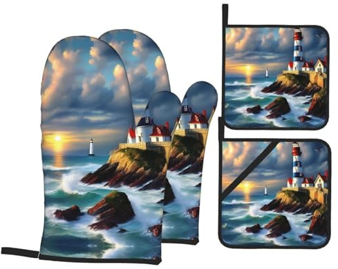 Lighthouse Diamond Paint Print Oven Mitts and Pot Holders Sets of 4,Resistant Hot Pads with Non-Slip Gloves for Kitchen,Cooking