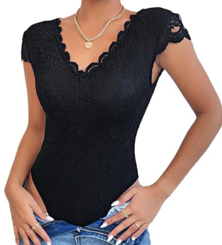 Odizli Spitzen Oberteile Damen Spitzenbody Elegant Sexy Kurzarm V-Ausschnitt Blume Spitze Durchsichtig Rückenfreies Enge Body Bodysuit Spitzentop Spitzenbluse Festliches Party Blusenbody Schwarz M
