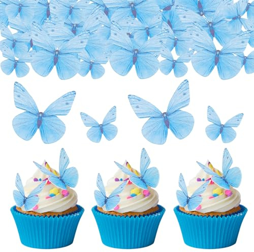 ENLACE ätbar fjärilar cupcake toppare, våffelpapper fjärilar tårtdekoration, blå fjäril födelsedag dekoration, muffin dekoration