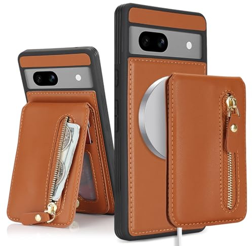 SailorTech Google Pixel 7a telefonfodral med kreditkortshållare, Google Pixel 7a fodral med ställ kreditkortsfack plånbok avtagbar 2-i-1 blixtlåsfodral – brun