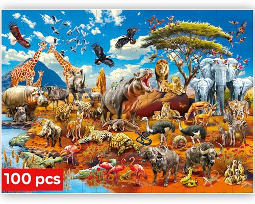 Puzzle Niños 4-6 Años - Rompecabezas Piso 6-8 Años | Puzzle 100 Piezas para Niños - Juguete para Aprender sobre Animales Africanos 8-10 - Juego de 3 a 5 Años
