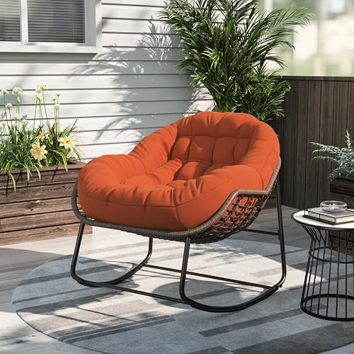 Fauteuil à bascule pour intérieur et extérieur, chaise en osier de grande taille, chaise à bascule avec coussin épais pour terrasse, jardin, balcon, salon, chambre, cadre en métal, capacité de poids :