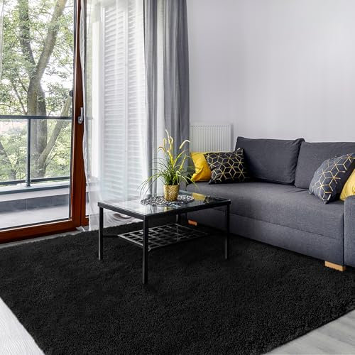 SOANNY Alfombra de Pelo Largo para Salón, Lavable Antideslizante y Suave, Diseño Sólido Shaggy para Dormitorio y Habitación Infantil, Tapete para Cama, 140x200 cm, Negro