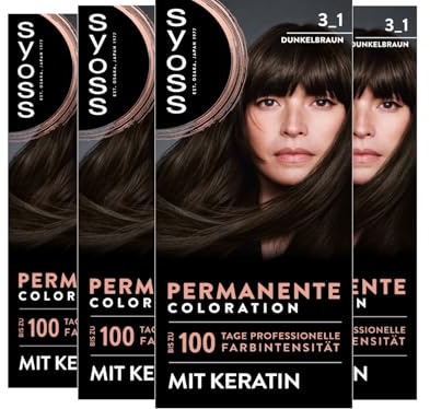 SYOSS Coloration 3_1 Dunkelbraun (4x 115 ml), permanente Coloration mit Keratin verleiht bis zu 100 Tage professionelle Farbintensität, 100% Grauabdeckung