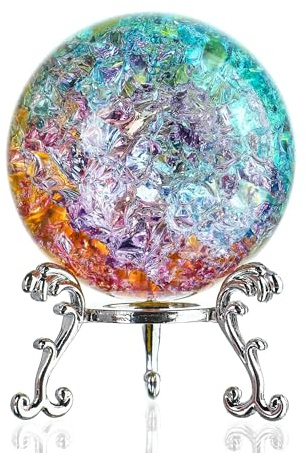 ZEERSHEE 60mm Colorful Ice Cracked Crystal Ball with Stand Decorative Glass Ball Paperweight for Home Wedding Office Christmas Decor