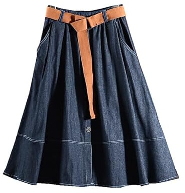 Falda Vaquera para Mujer, Hasta La Rodilla, Informal, De Corte A, con Cinturón, Color Liso, Plisada, Básica, Acampanada, Midi, con Bolsillo, para Salir De Vacaciones, Azul Marino, Talla Única.