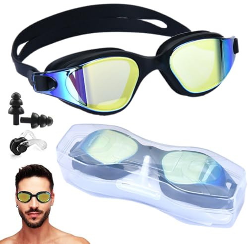 Lunette Piscine Adulte - Lunettes Piscine - Lunettes De Natation, Avec Étui, Pince-Nez Et Bouchons D'Oreille, Anti-Buée Et Protection UV, Pour Adultes Et Enfants, Idéales Pour La Nage Et La Plongée