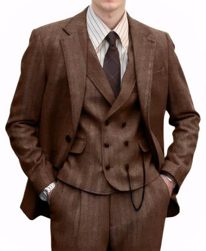 Costume 3 pièces en tweed à chevrons pour homme - Veste formelle en laine à 2 boutons - Costume habillé - Gilet - Pantalon - Pour mariage, bal de fin d'année, smoking, marron clair, Taille XL