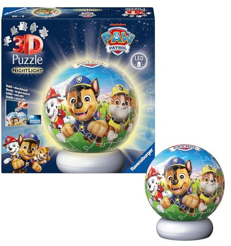 Ravensburger 3D Puzzle Paw Patrol - 3D Puzzle Children from 6 Years - Puzzle Ball with LED Night Light as Bedside Lamp for Children - Paw Patrol Gifts for Boys and Girls - 12008057