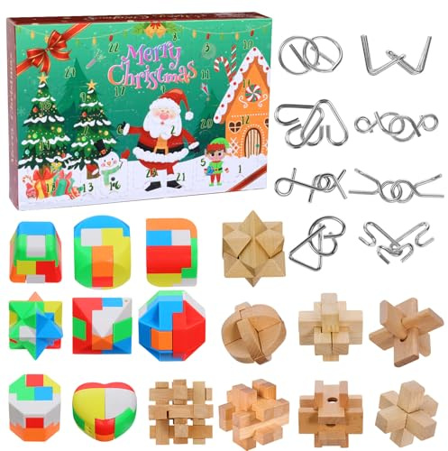 Christmas Advent Calendrier de l'avent 2025, Calendrier de l'Avent Casse Tete en Bois et en Métal Puzzle pour Adulte Enfant, Calendriers de Noël 24 jours pour Filles Garçons Adolescents (Style 1)