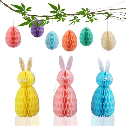 XIANJIA 15 Piezas Huevo de Pascua Bola de Panal Conejo Decoraciones Pascua con Panales Miel Reutilizable, Adecuado para Colgar en Interiores O Exteriores Como Decoración O para Adornar Mesas y Ramas