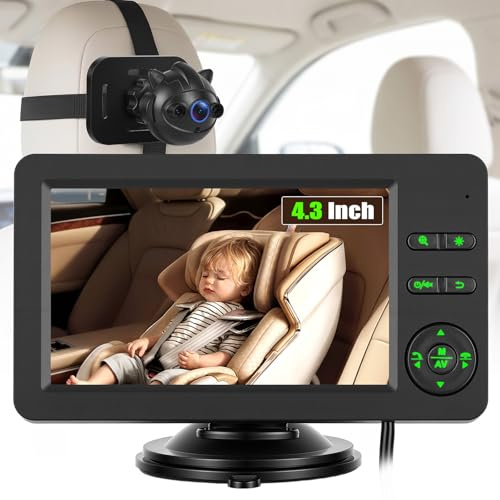 SIXTOP Monitor Coche Cámara Bebé, Pantalla 4.3 HD 720P, Bluetooth Música y Manos Libres, Visión Gran Angular y Nocturna, Fácil Montaje en Reposacabezas, para Silla de Coche Infantil