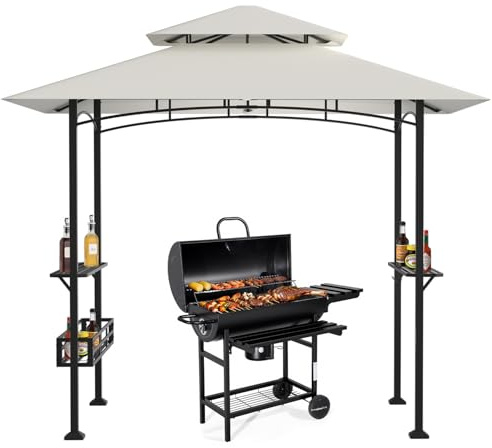 Eikuavons Grillpaviljong 238 x 148 x 242 cm, BBQ paviljong med dubbeltak, 2 sidohyllor, förvaringskorg, 10 krokar, flasköppnare, UV30 + solskydd, för trädgård och terrass, gräddvit