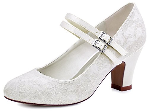 Elegantpark HC1701 Mary Jane Block Absatz Pumps Geschlossene Zehen Lace Satin Brautschuhe Ivory Gr.38