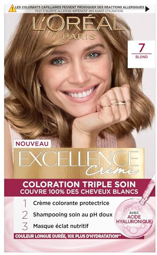 L'Oréal Paris L'Oréal Paris - Excellence Crème - Coloración permanente de triple cuidado, cobertura del 100 % de cabello blanco, tono 7 rubio