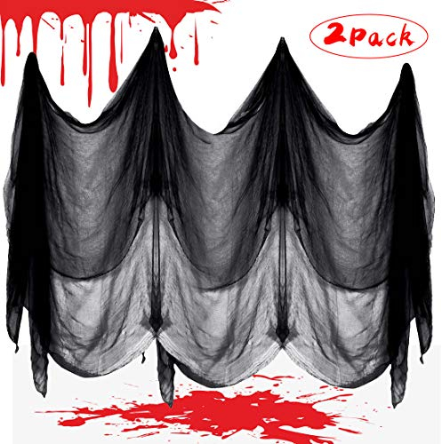 O-Kinee Halloween Dekoration, 2 Stücke Halloween Vorhang, Gruseliger Stoff, Gruseliges Käsetuch, Gruselig Tuch für Spuk Haus Party Outdoor Windows Tisch Türen Deko Prop, Schwarz, 300 x 600 cm