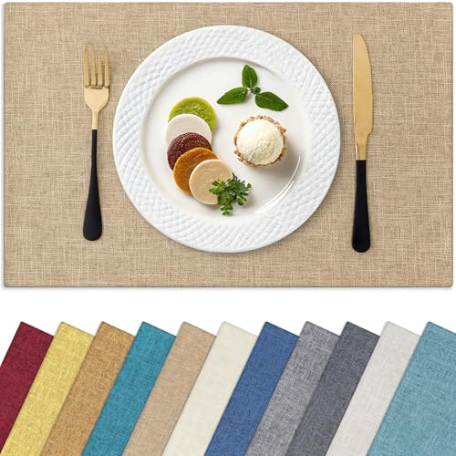 Homaxy Cloths Placemats for Dining Table Set of 6, Heat Resistant Washable Cotton Linen Blend Table Mats, Easy to Clean Place Mats for Indoor Outdoor Party Kitchen Decoration, 13 x 19, Flaxen