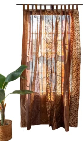 Rajbhoomi hantverk indisk gammal vintage sari gardiner brun färg hippie dekor silke gardin dörr draperi fönster dekor silke sari återvinning lapptäcke gardiner, 210 x 105 cm