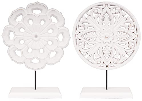 AXEARTE 2 Pack Wooden Carved Cutout Flower Medallion Sculpture, Rustic Distressed White MDF Statues Home Tabletop Decor, Decorative Ornaments for Living Room, Bedroom, Office Desktop, Cabinets