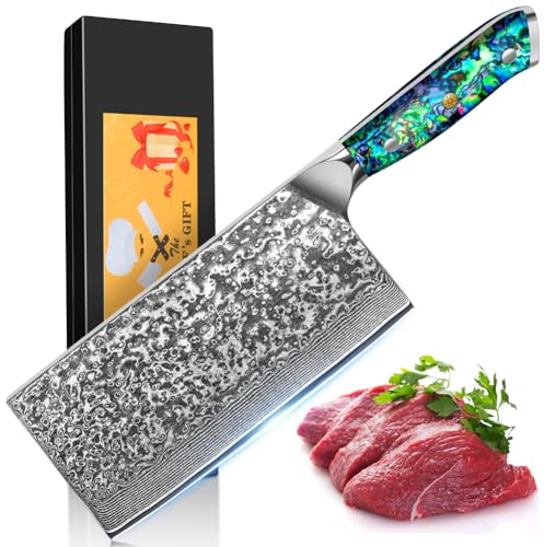 Coltello Damasco Nakiri, con Lama Estremamente Affilata da 17.8 cm, 67 Strati di Acciaio Damasco VG-10 Mannaia Cinese Coltello da Carne Damasco, Manico in Conchiglia di Abalone, Confezione Regalo