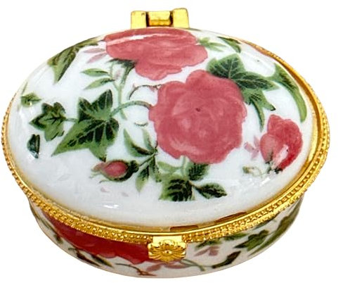 Evenchae Tiny Oval Porcelain Trinket Box | Pink Tea Roses | French Style Gift Box with Velvet Bag