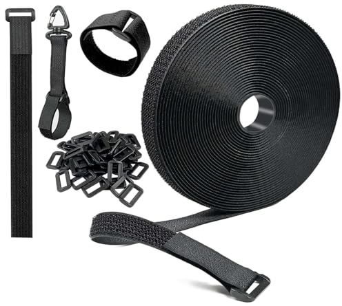 GENESIS® Sujetacables Reutilizables, Bridas Negras + 50 hebillas + 10 Ganchos, Abrazadera de Cable de Longitud de Corte Libre, Uso Oficina, Jardin, Hogar, Nylon Negro (15m x 2cm)