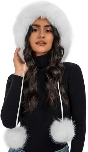S.ROMZA Femmes Fausse Fourrure Tricotée Chapeau avec Pompon Chaud Crâne Chapeau de Neige Earsleeves Femme Bonnet d'hiver (Blanc)