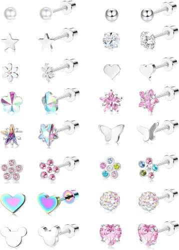 FIOROYAL 16 paia di orecchini ipoallergenici con chiusura a vite per ragazze e donne, in acciaio chirurgico, grazioso CZ, cuore fiore, stella farfalla, set da 20 g