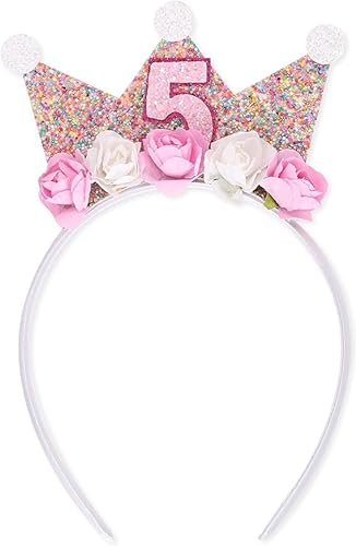 JIOLINK Corona Compleanno Bambina, 5 Anno Fascia Tiara Corona da principessa Cerchietto Corona Bambina con fiore di rosa artificiale Decorazioni per feste Compleanno, Carnevale (5)