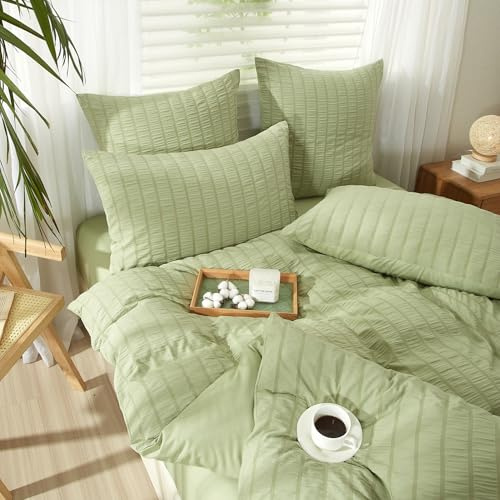 YASMENG Seersucker sängkläder 155 x 220 grön randig sommar | Sängkläder Seersucker mjukt ventilerande mikrofiber påslakan set 3 delar med dragkedja och 2 örngott 80 x 80 cm