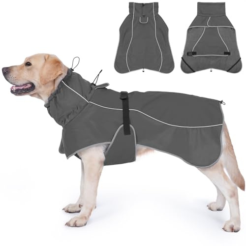 HezzLuv Waterproof Dog Jacket with Reflective Strips, Windproof Winter Warm Coat with Soft Fleece Lining, Adjustable Fit & Harness Hole for Small to Large Dogs Outdoor Camping Hiking in Cold Weather