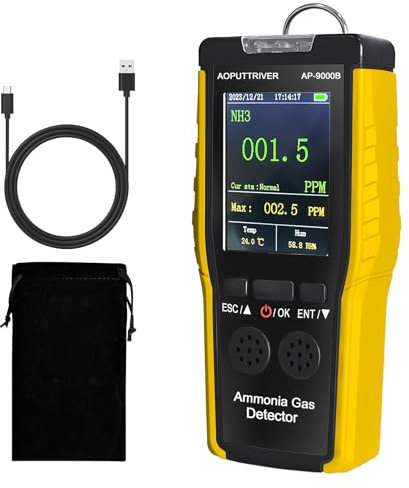 AOPUTTRIVER Detector de Gas Amoníaco, 0~100PPM, Humedad y Alarma Visual Acústica NH3 Medidor de Calidad del Aire para Industria, Hogar, Purificador de Aire de Calidad, Granjas Avícolas