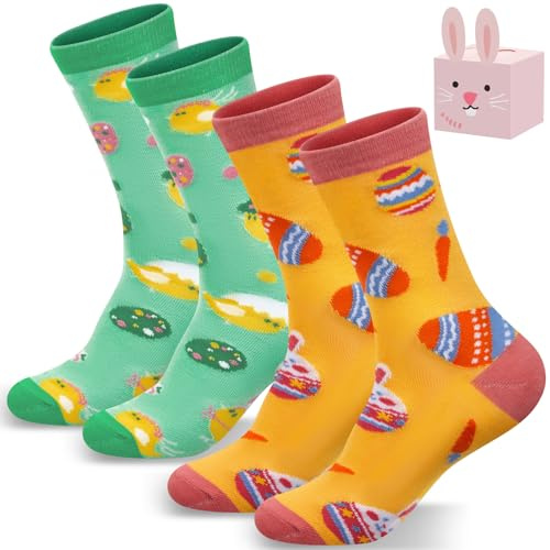 Boyiee 2 Pares Calcetines de Pascua con Caja Regalo para Pascua Mujeres Hombres 36-42 Calcetines Divertidos con Patrones de Conejo Huevos Pollito
