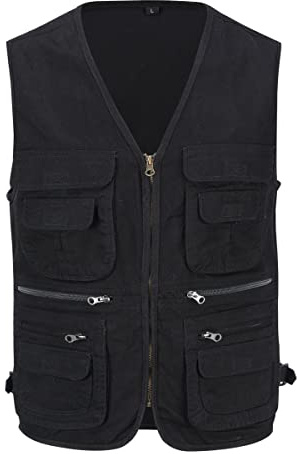 YOUTHUP Mens Gilet Multi Pocket Cargo Utility Safari Waistcoat Outdoor Fishing Hunting Vest,Black,XL