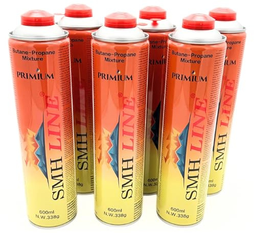 SMH LINE® Lot de 6 cartouches de gaz universelles de 600 ml pour réchaud à gaz, désherbeur, brûleur à gaz, mélange propane butane 7/16, filetage européen EN417, cartouche à vis, appareil