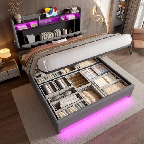 OKimmy Modernes Polsterbett 160x200CM Kopfteil mit Seitentaschen, Doppeltbett LED-Belechtung und Ablageflächen, Zertifizierte USB-Anschlüsse, Extra Stauraum Unten, Leiser Gasdruck-Lattenrost,Grau