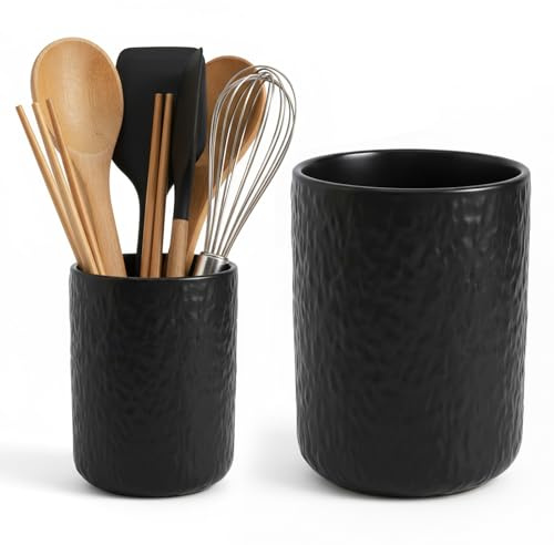 Eclove Set de 2 Soportes para Utensilios de Cocina de Cerámica, Recipientes para Utensilios Grandes y Medianas para Herramientas de Cocina, Cucharas, Espátulas, Tenedores y Accesorios (Negro1)