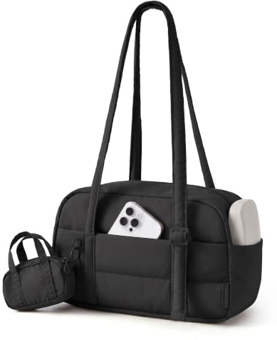bagsmart Handbags-Shoulder Bag, Women Nylon Bowler Bag with Removable Pouch | Lightweight Quilted Shoulder Tote Bag for Women Handbags for School, Travel Gym Work College Daily Use