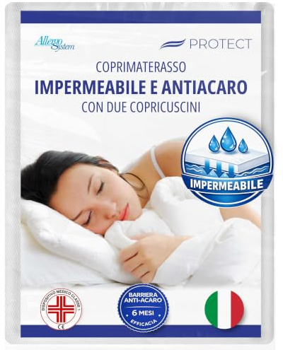Allergosystem Set Coprimaterasso Matrimoniale Impermeabile Antiacaro con Cerniera 170x200x20cm e 2 Copricuscino Impermeabile Anallergico 50x80cm - Dispositivo Medico MADE IN ITALY - Linea Protect